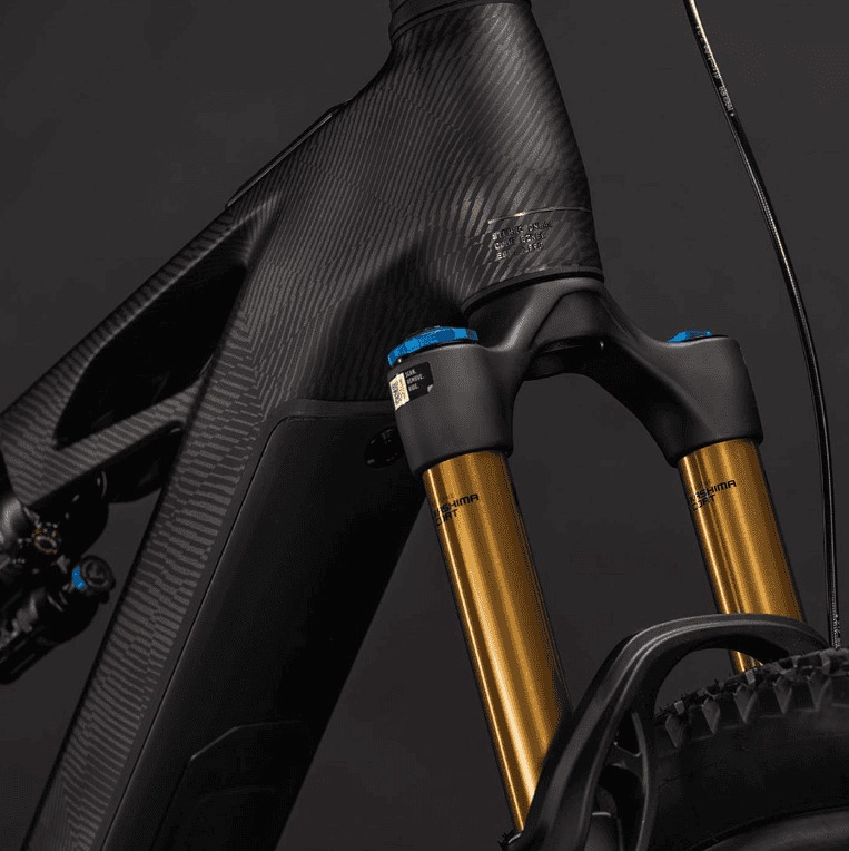 Vorderansicht der Fox-Federgabel mit goldener Kashima-Beschichtung und blauen Einstellknöpfen an einem mattschwarzen Carbon-Fahrradrahmen. E-MTB Cube One 44